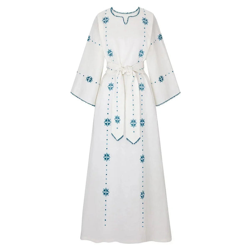 Arev collection – turquoise hand-embroidered linen dress by Mairik