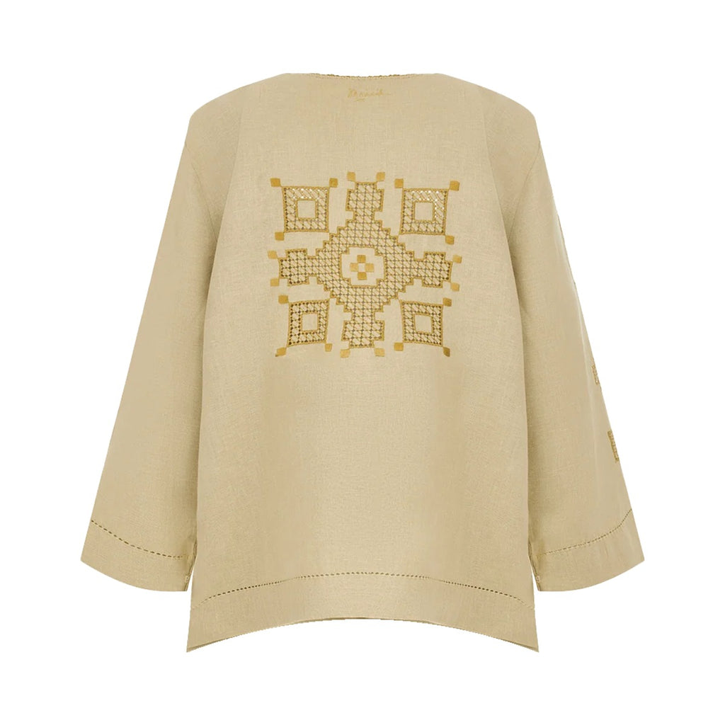 Van Top in Caramel – hand-embroidered linen and silk by Mairik, back view