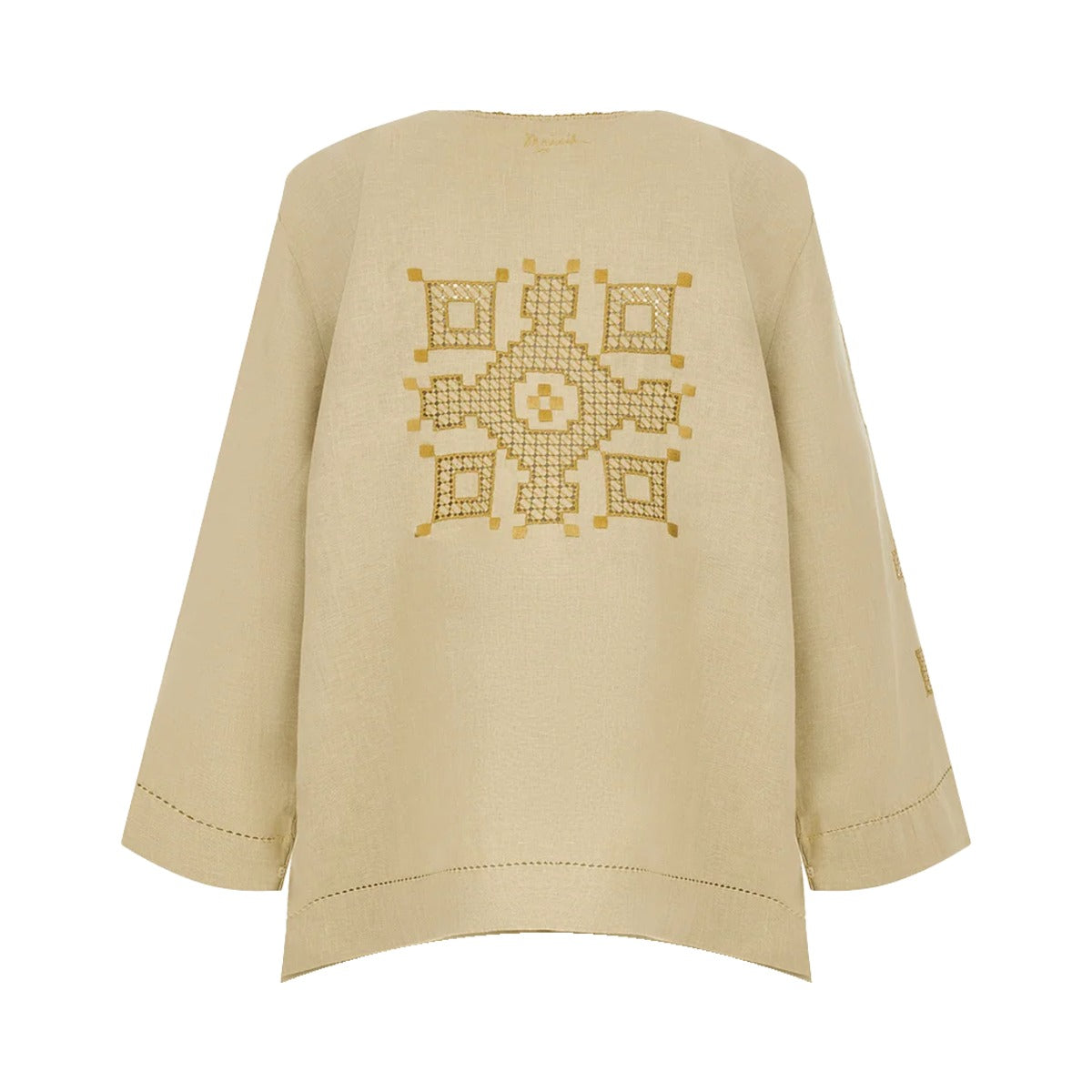 Van Top in Caramel – hand-embroidered linen and silk by Mairik, back view