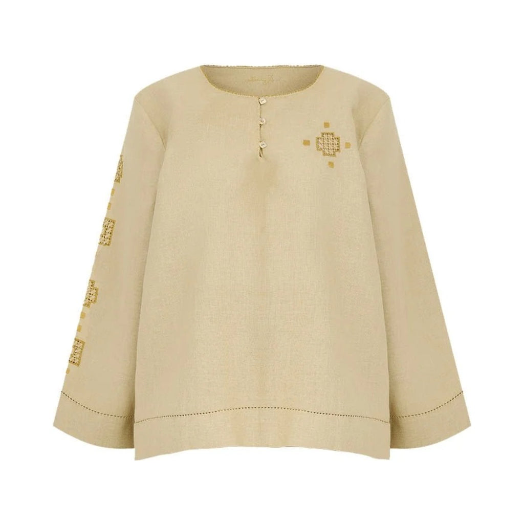 Van Top in Caramel – hand-embroidered linen and silk by Mairik